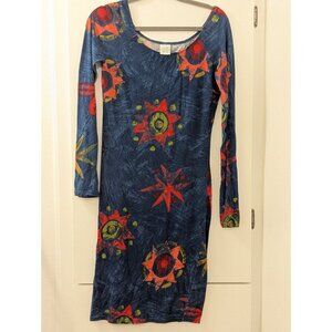Vintage United Colors Of Benetton Abstract Print Long Sleeve Midi Dress M